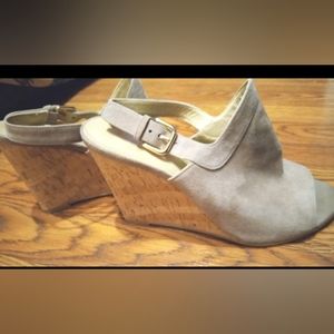 Stuart Weitzman Slingback Sandals Taupe Suede Leather Heels Cork Wedge Sz 8.5